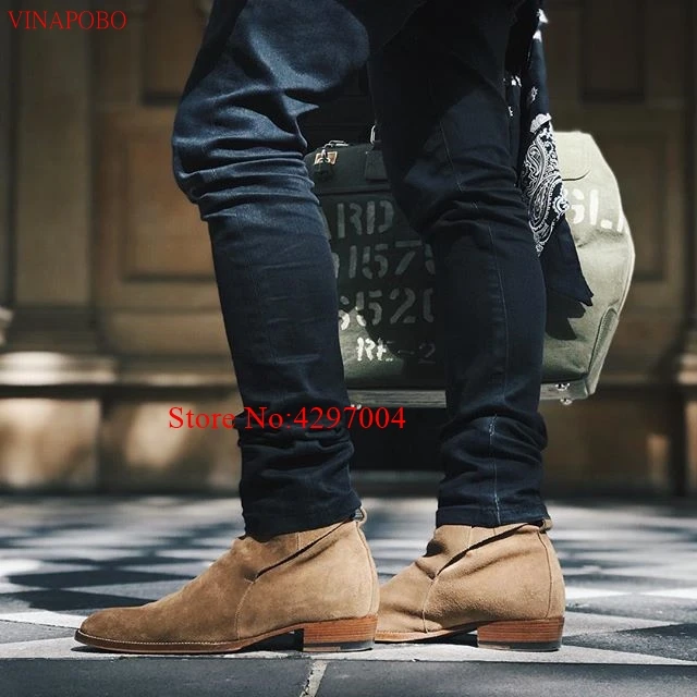 Vinapobo Chelsea Boots Men Suede Leather Luxury Ankle Male Short Casual Shoes Winter Spring martin boots cowboy | Обувь