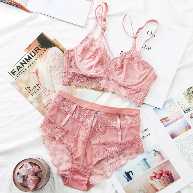 

Classic Bandage Pink Bra Set Lingerie Push Up Brassiere Lace Underwear Set Sexy High-Waist Panties For Women underwear