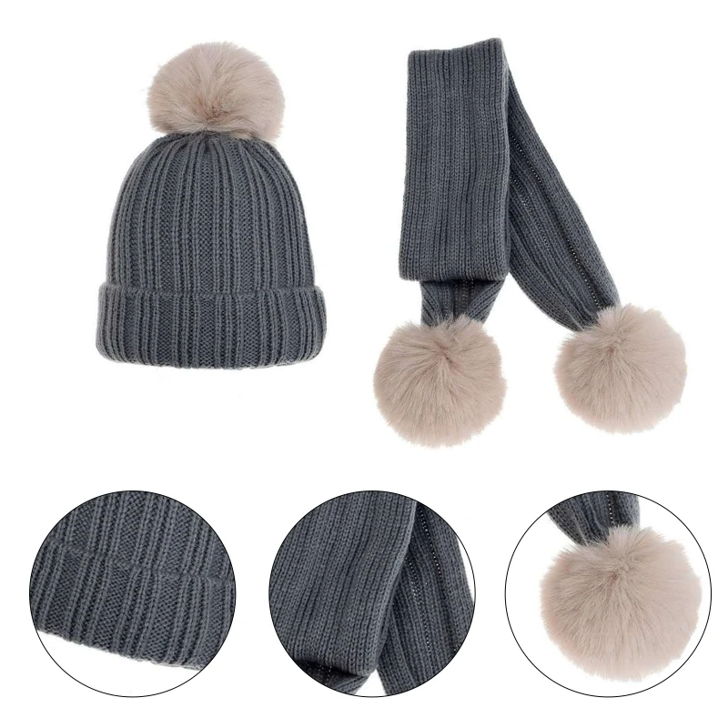 

Kids Winter Warm Knitted Ribbed Striped Pompom Cuffed Hat and Long Scarf Set