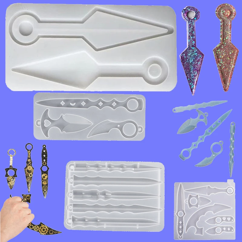 Newest Knife Shaped Keychain Silicone Mould for Diy Handmade Uv Epoxy Kunai Flower Shovel Gardening Tools Resin Molds for Crafts