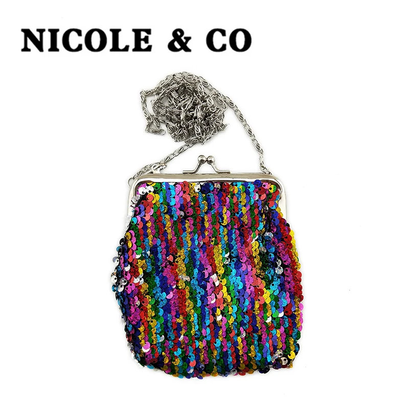 

NICOLE & CO 2021New Women Sequin Coin Purse Shoulder Messenger Small Bag Female Metal Farme Wallet Girl Mini Change Card Package