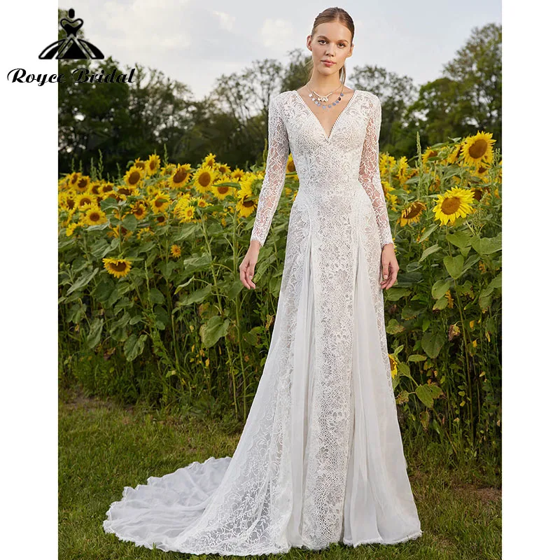 

vestido de noiva Boho Bohemia Mermaid Wedding Dress Beach V Neck Long Sleeve Backless Chiffon Lace Chiffon Bridal Gown 2022