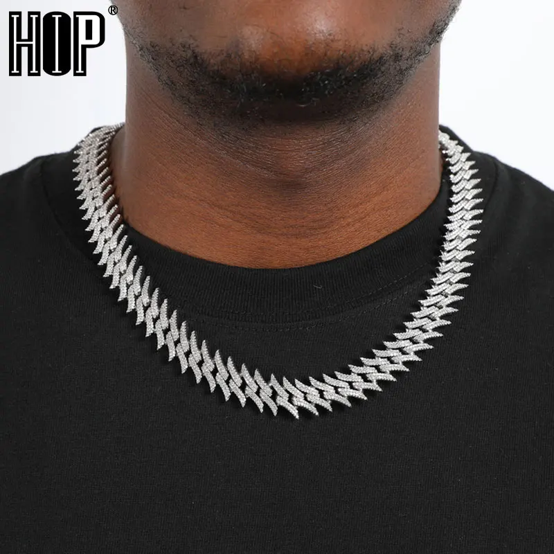

Hip Hop 15MM Heavy Thorn Prong Cuban Chain Iced Out AAA+ Zircon White Gold Color Bling Necklace For Men Women Jewelry