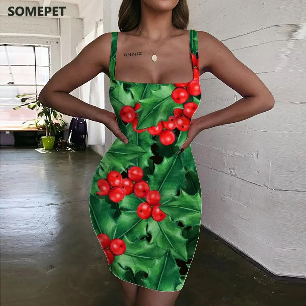 

SOMEPET Christmas Dress Women Leaf 3d Print Painting Halter Sleeveless Decorate Bodycon Dress Womens Clothing Mini Evening Short