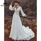 Женское свадебное платье в богемном стиле, платье А-силуэта с глубоким V-образным вырезом и длинными рукавами-фонариками, элегантное платье невесты с открытой спиной