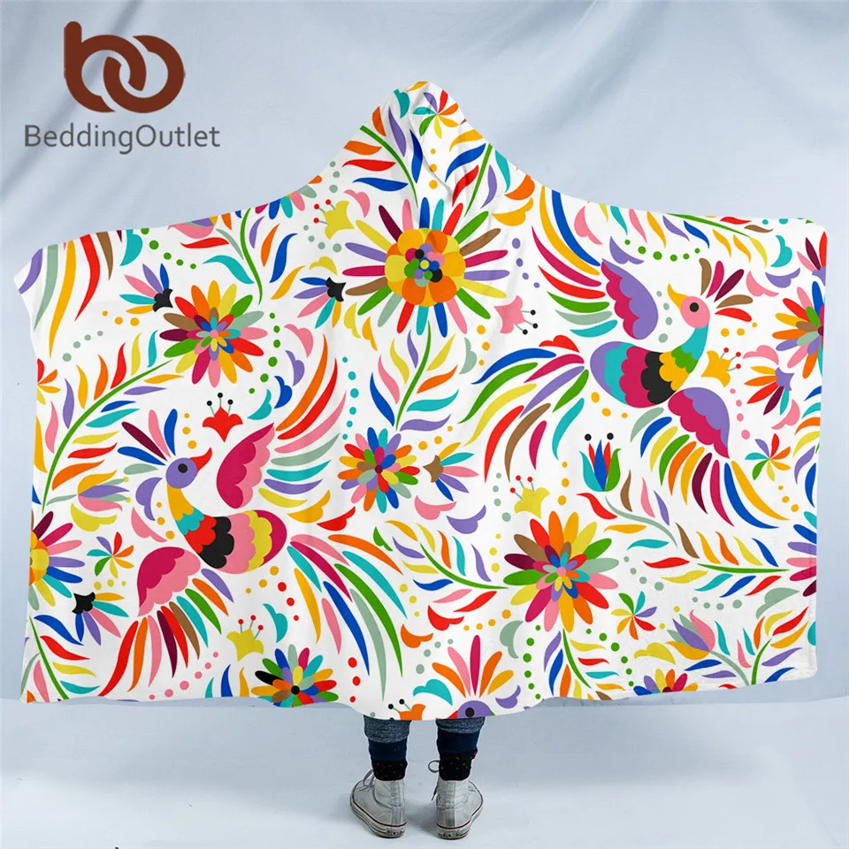 

BeddingOutlet Birds Hooded Blanket Ornate Ethnic Microfiber Sherpa Fleece Blanket Colorful Wearable Throw Blanket Flower Mantas