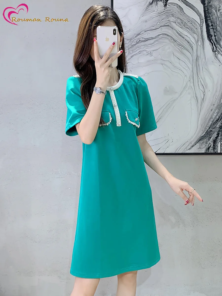 

Temperament solid color dress summer 2021 women's new beaded skirt round neck A word skirt