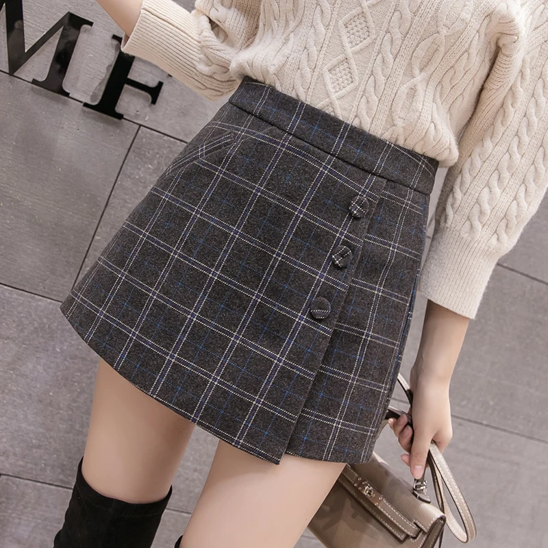 

2022 New Single-breasted High Waist Woolen Shorts Women's Autumn Winter Fashion Plaid Wool Shorts Skirts Female Culottes