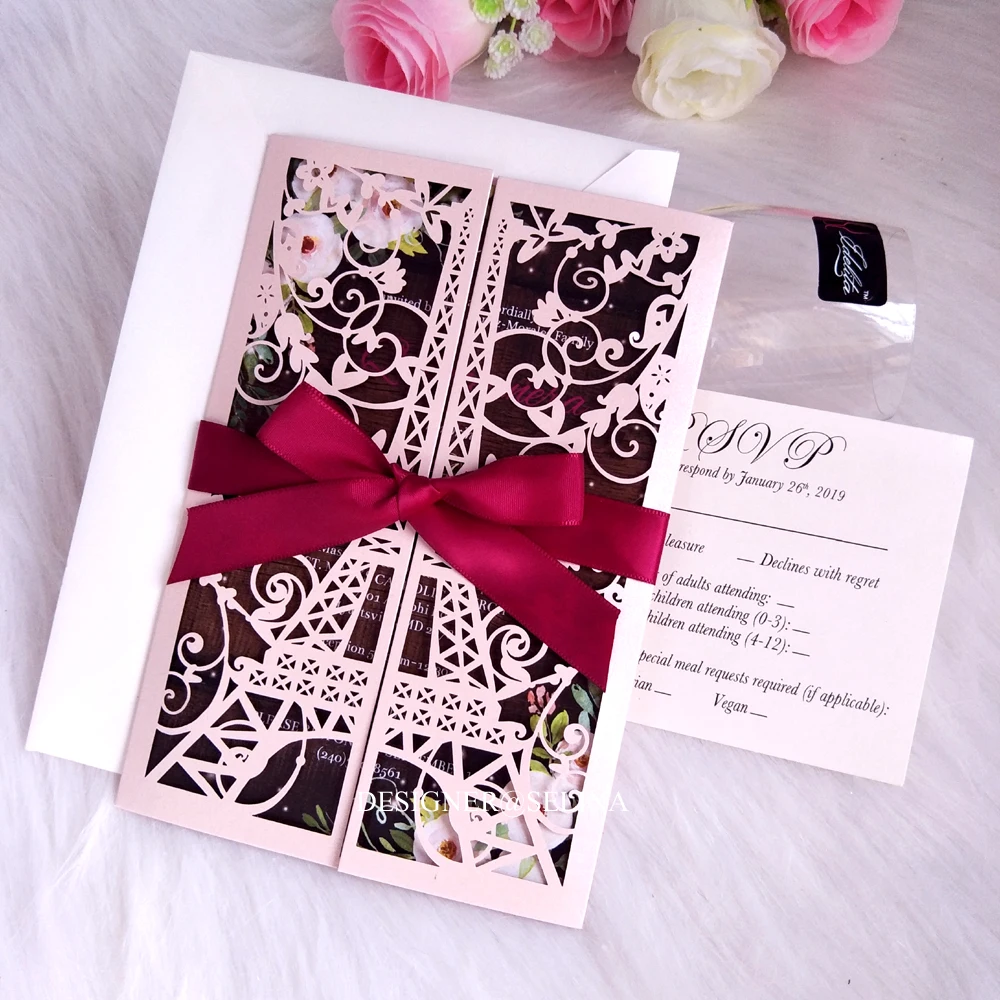 50 шт. свадебные приглашения с лазерной огранкой в виде румян и башни бордовой