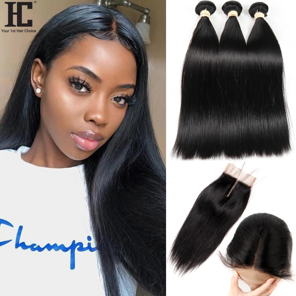 

Brazilian Straight Hair 3 Bundles With Closure Human Hair Weave Bundles With 4x4 Lace Part Closure Brazilian Bundle With Closure