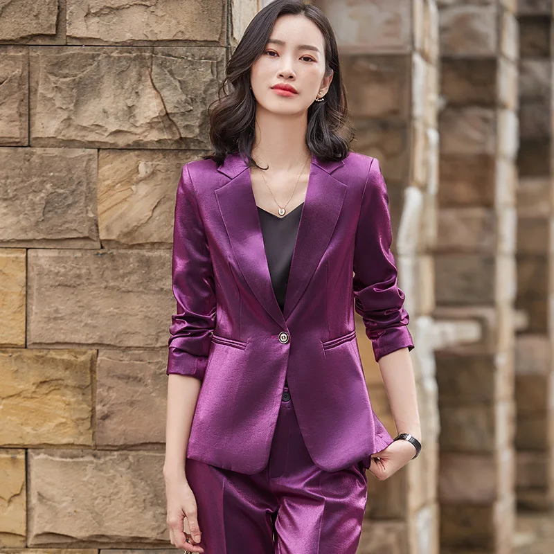 Large Size Suit High-end Business Wear 2022 Autumn and Winter Slim Ladies Purple Jacket Casual Temperament Trousers 2-piece Set