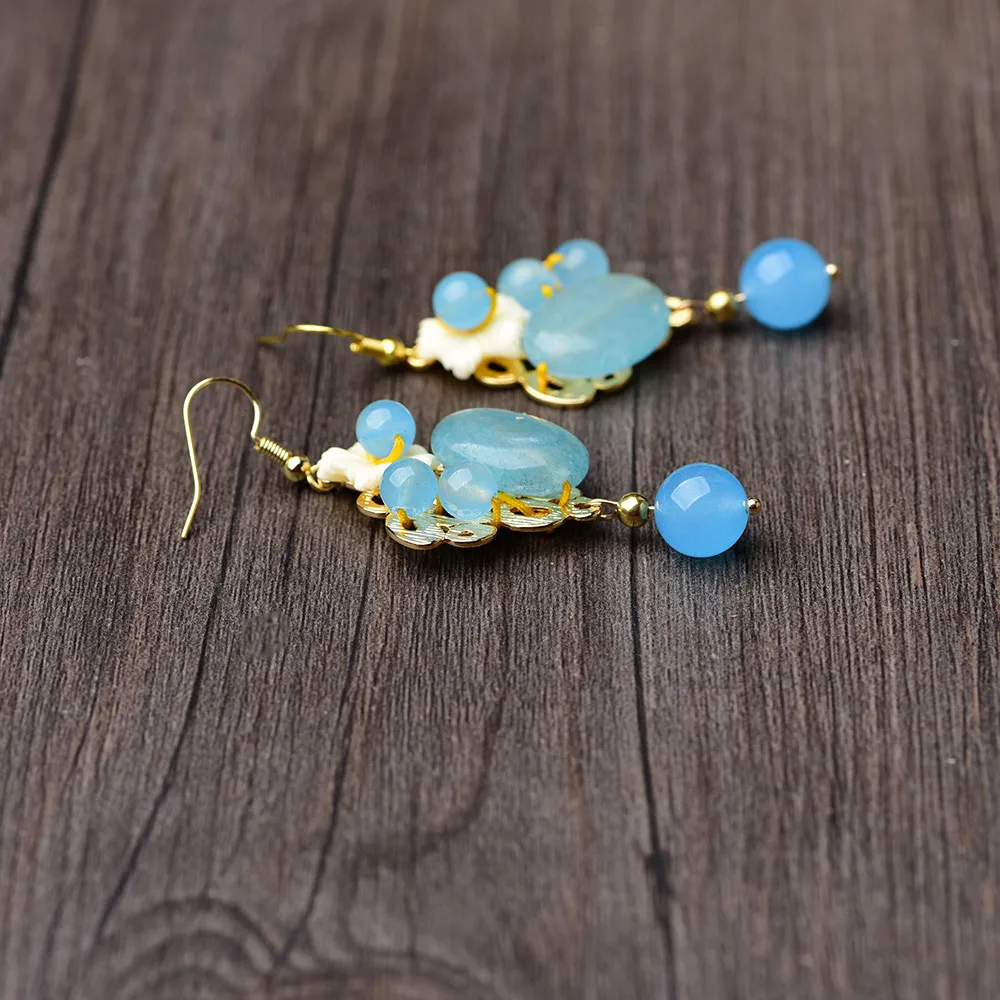 Серьги подвески с нефритовыми цветами халцедон синий агатовый амулет модные