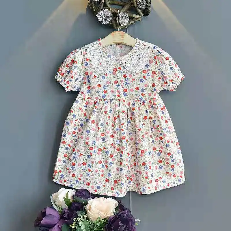 

Children's clothing 2021 summer new girls' lace Turn-down Collar Floral Dress Baby Short Sleeve Dress 2-9 yrs baby girls clothes