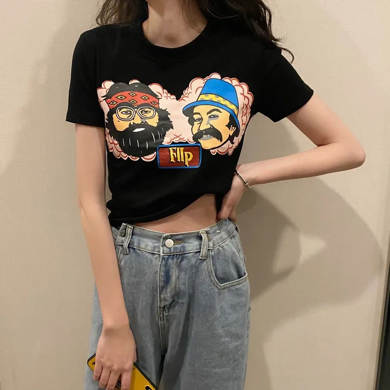 

Women Short Sleeve Harajuku High Street Tees Girls Outfit Hollow Out Design Chic Basic Ladies Plus Size Funny Printing T-shirts