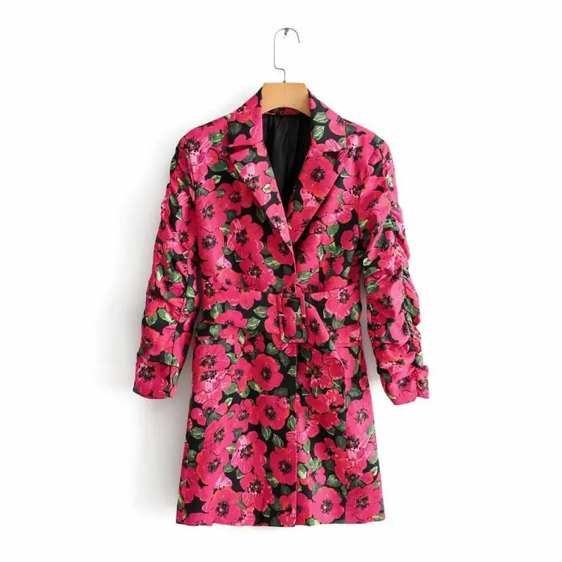 

Floral Pattern Lapel Slim Waist Fit Vintage Design Clothing 2021 Casual Blazer Coat Women's Outerwear Full Sleeve