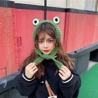 ladies frog big eyes cute ear knitted hat womens cartoon embroidery autumn winter protection beanie cap female casual bone c20