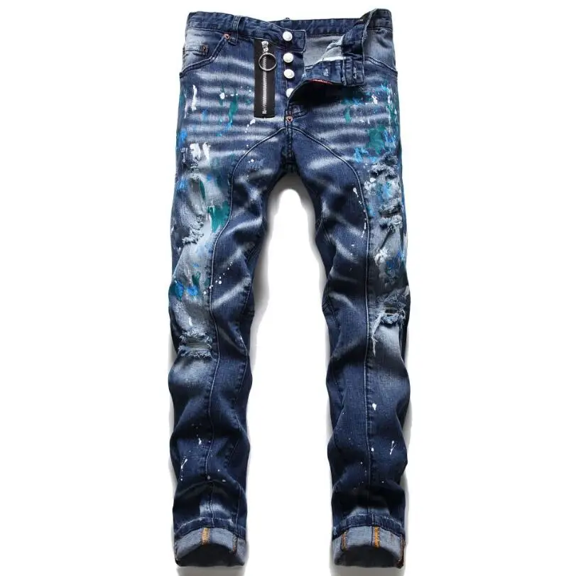 

Stretch Holes Jeans For Men New Male Blue Elastic Slim Denim Long Jeans Pants High Quality Men Straight Fit Casual Jeans Size 38