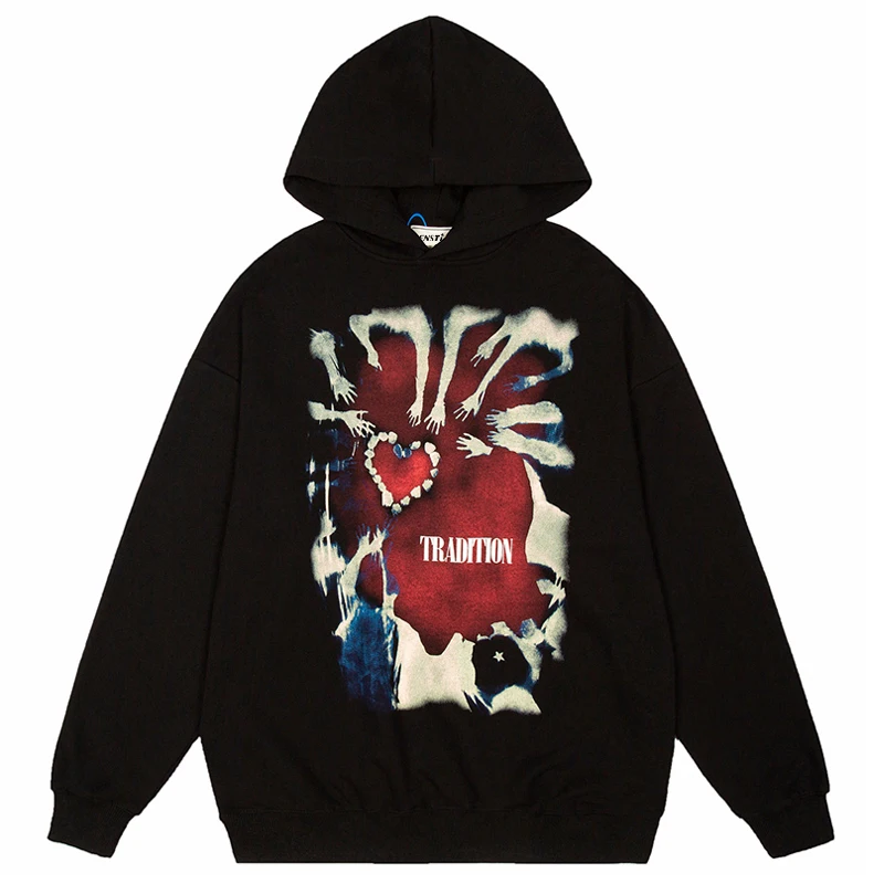 

Свитшот с капюшоном в стиле хип-хоп, свитшот, пуловер с принтом рук и сердец, осень 2021, мужские повседневные хлопковые худи в стиле Харадзюку ...