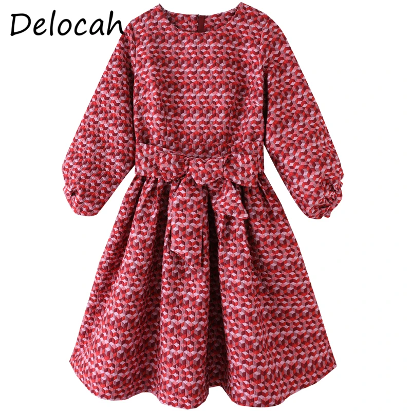 

Delocah Summer Fashion Women RunwayParty A-Line Dress Bow Lantern Sleeve Vintage Printed Ladies Jacquard Midi Dresses Vestidos