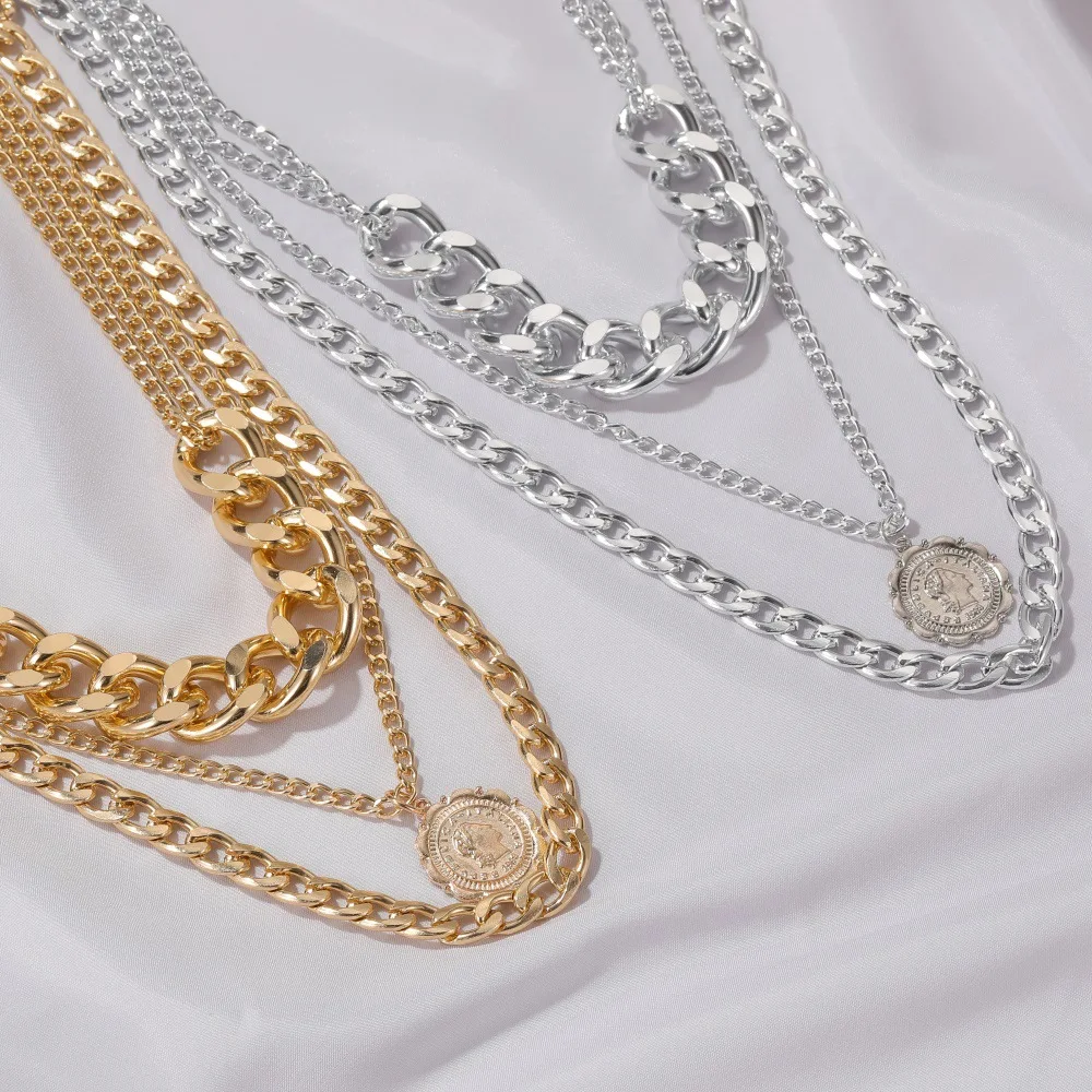 

Vintage Boho Fashion Multilevel Gold Silver Color Portrait Head Coin Pendant Necklaces for Women Thick Chain Necklace Jewelry