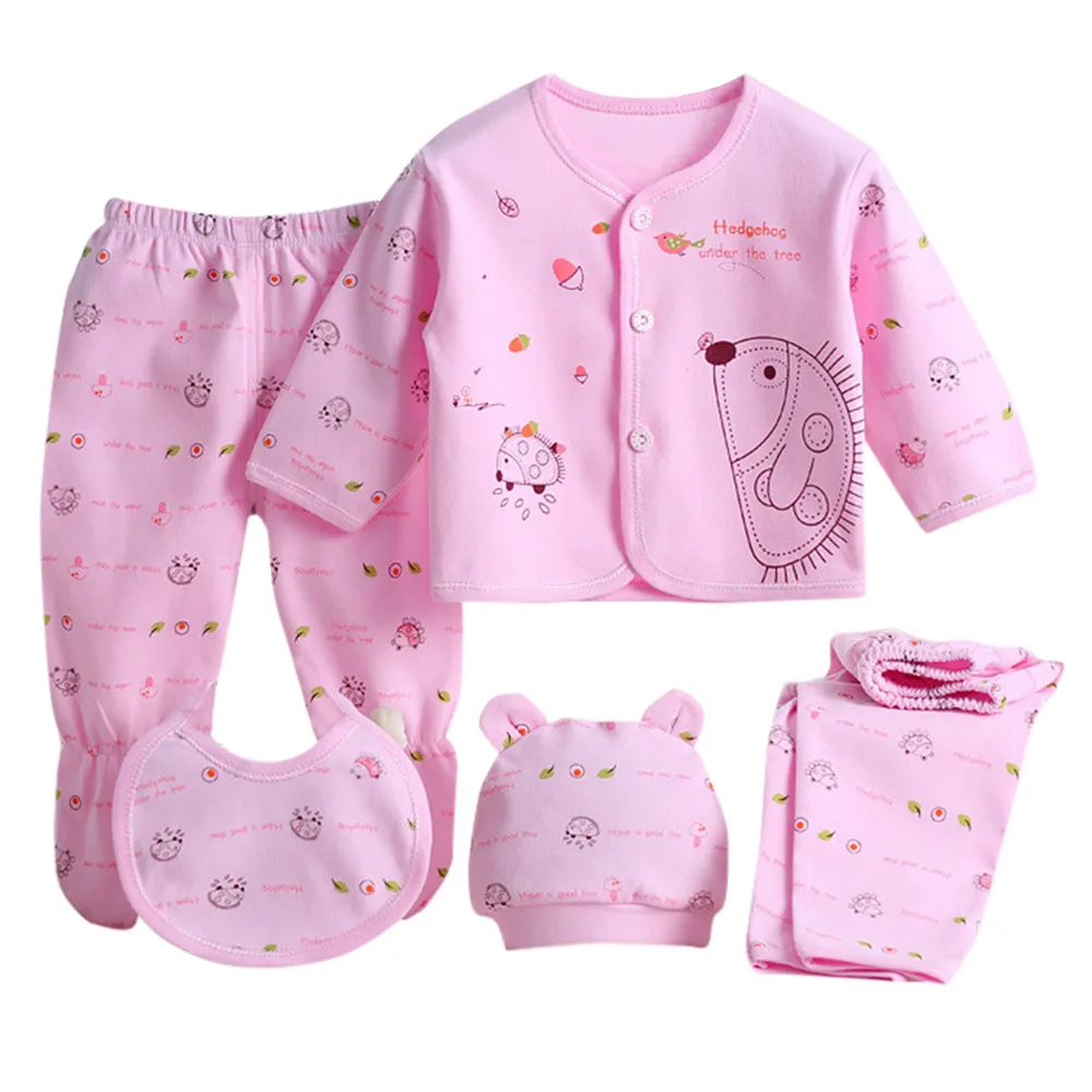 Pink Комплект для младенцев 0-3 месяцев, 5 предметов, топы с длинными рукавами с мультипликационным принтом для мальчиков и девочек+ шапка+ штаны+ комбинезон, одежда для маленьких девочек, пижамные комплекты, A40 - Цвет: Pink