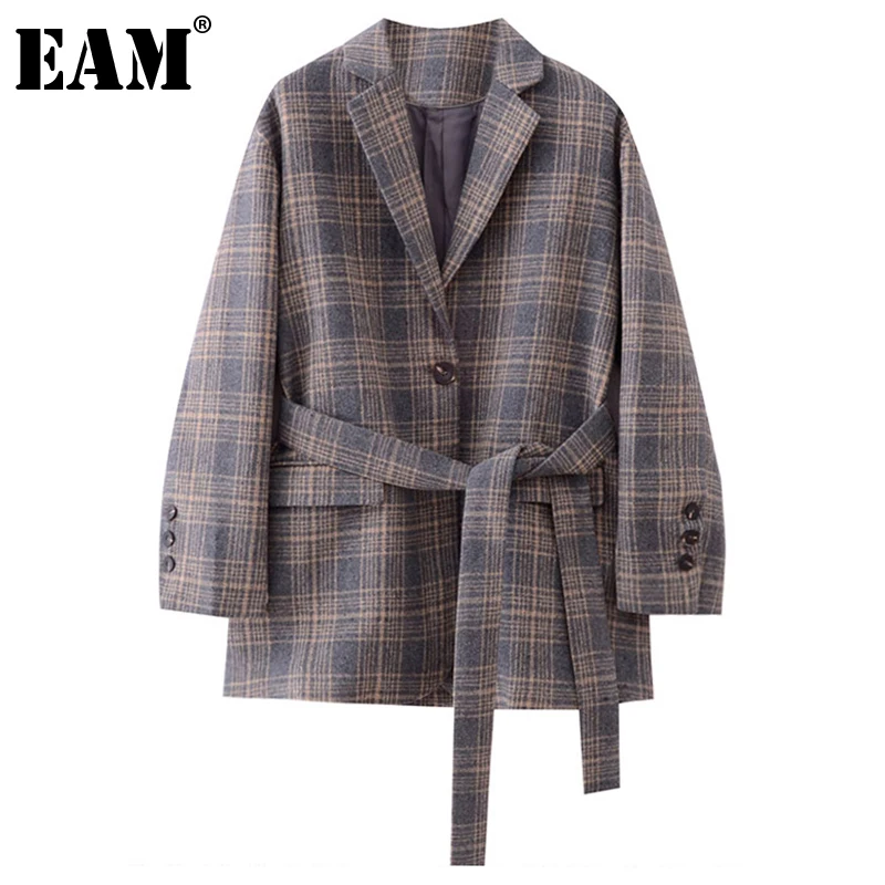 

[EAM] Women Gray Plaid Bandage Big Size Blazer New Lapel Long Sleeve Loose Fit Jacket Fashion Tide Spring Autumn 2021 1DE0880