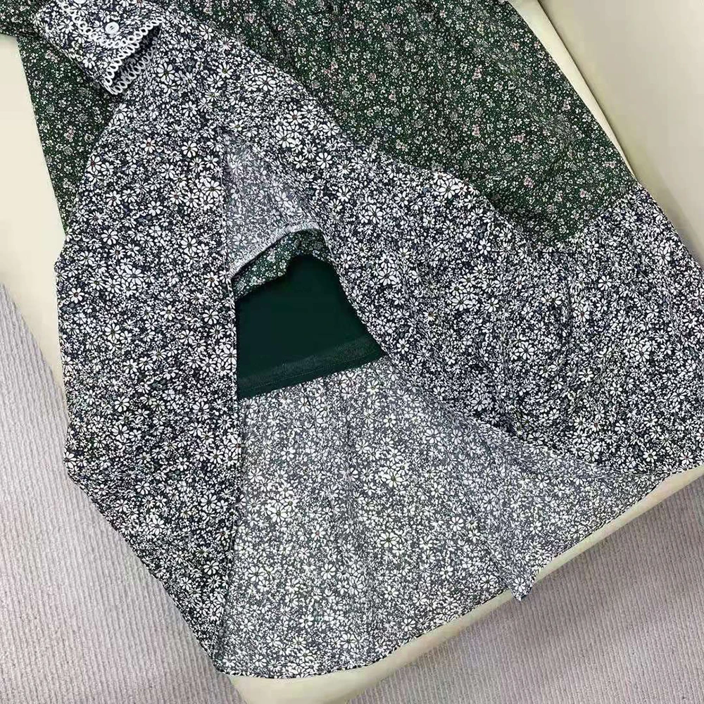 

AELESEEN Runway Fashion 100% Silk Women Dress Spring Autumn Long Sleeve Ruffles Green Floral Print Elegant Party Ladies Dress