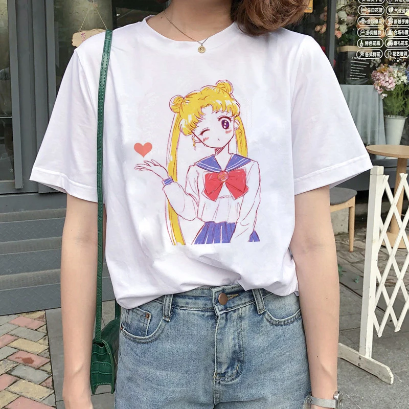 Kawaii Сейлор Мун Харадзюку футболки женские Ullzang корейский стиль Милая футболка 90s
