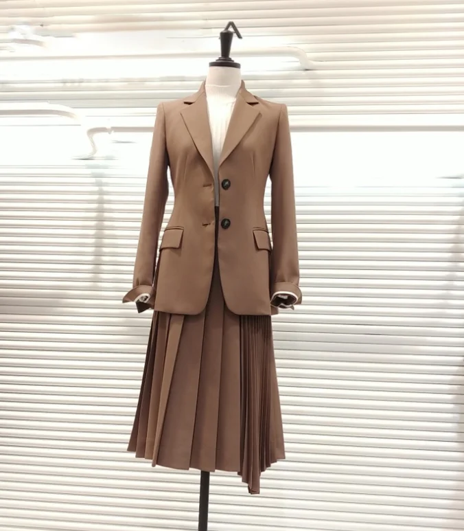 Camel-suits Элегантное платье, костюмы для женщин, Длинный блейзер, пиджак, однобортный, для офиса, для девушек, плиссированное мини платье, костюмы с поясом размера плюс - Цвет: Camel-suits