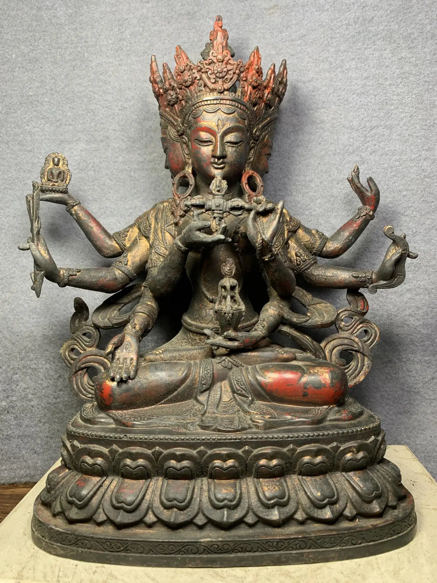 

12"Tibet Temple Collection Old Bronze Cinnabar Lacquer Four heads Eight arms Guanyin Bodhisattva Sitting Buddha Enshrine