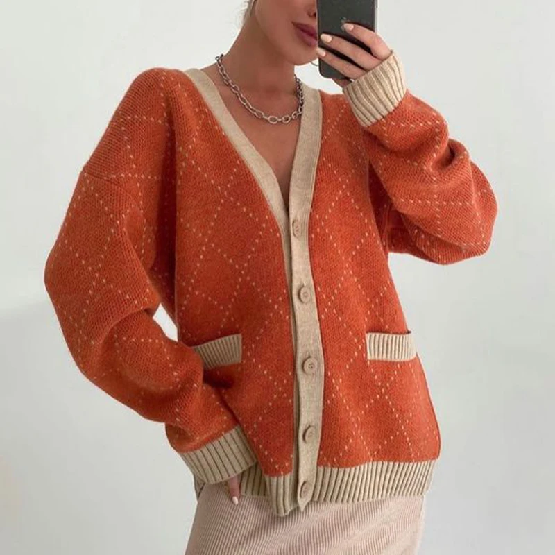 

Women Cardigan Arygle Pockets Button Full Sleeve Plus Size Open Stitch Orange Green Oversized Cardigans Sweater