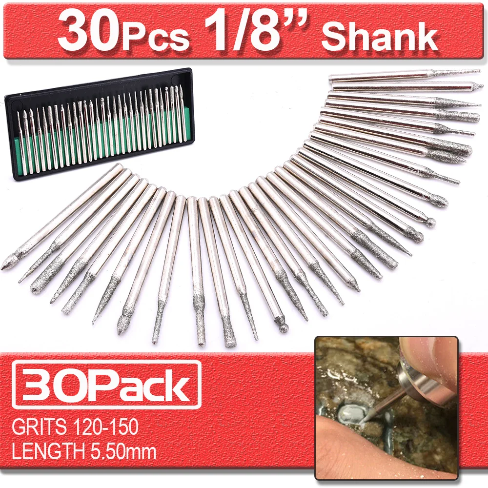 30Pc Diamond Burr Rotary Drill Bit Set Engraving Glass Gemstone 1/8 Shank 5.5 Mm Metal Wood Burs Grinding Craft Head | Инструменты