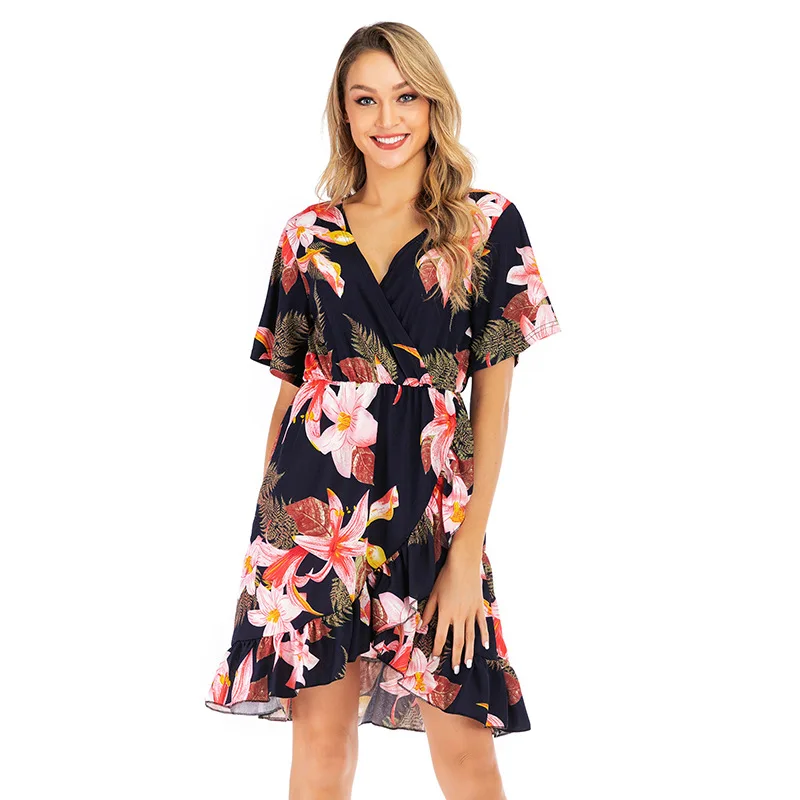 

2020 New Print Floral Dresses Women Summer Vacation V-Neck Short Sleeve Sashes Split Ruffles Sundress Hemline Irregular Dress