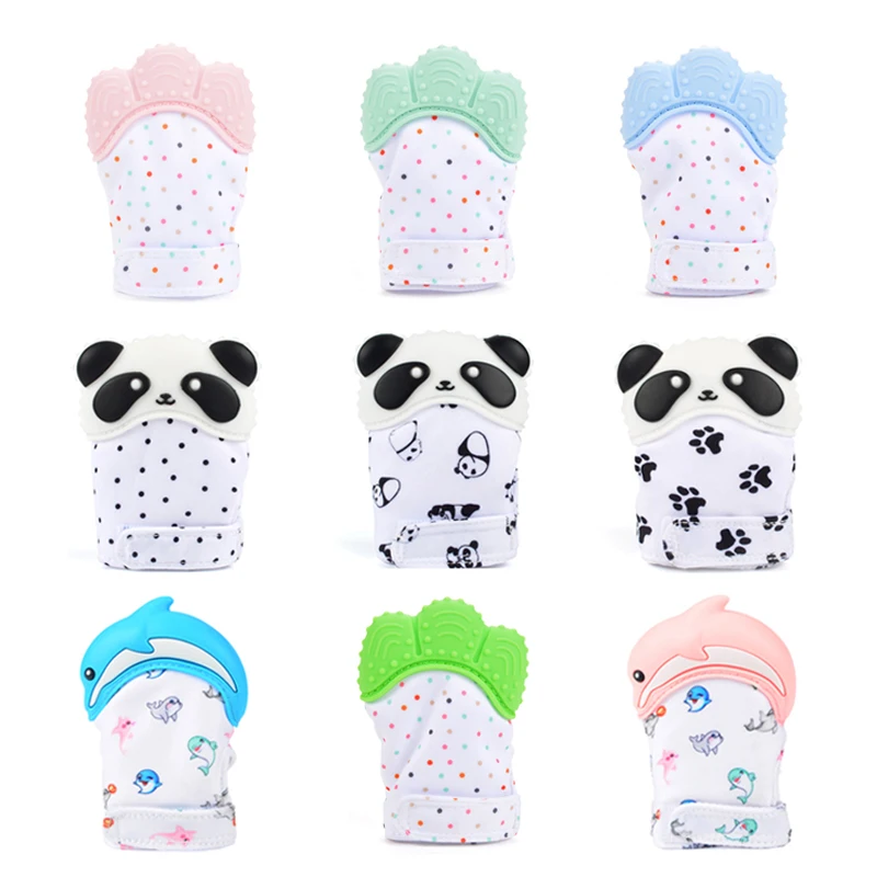 

1pc Silicone Teether Mitten Baby Teething Glove Panda Wrapper Sound Teething Sound Toys Adjustable Food Grade Silicone