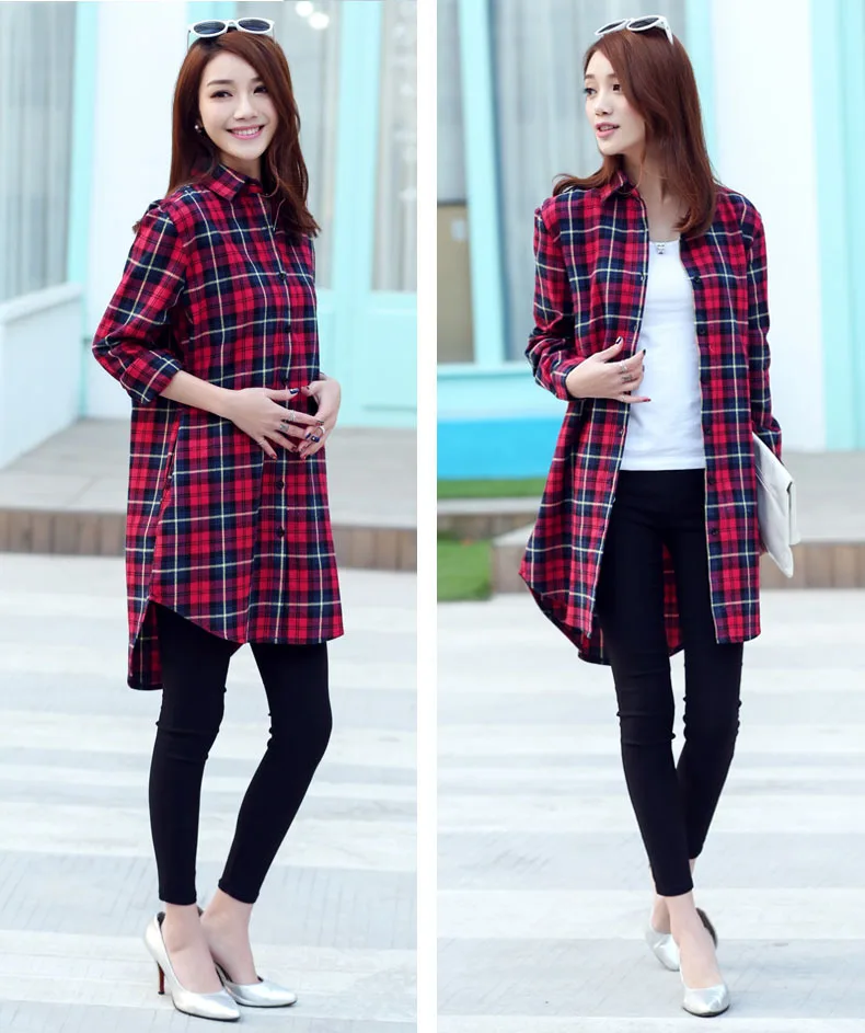

WenQing Women's Casual Mid-Long Boyfriend Long Sleeve Loose Button Down Plaid Shirt
