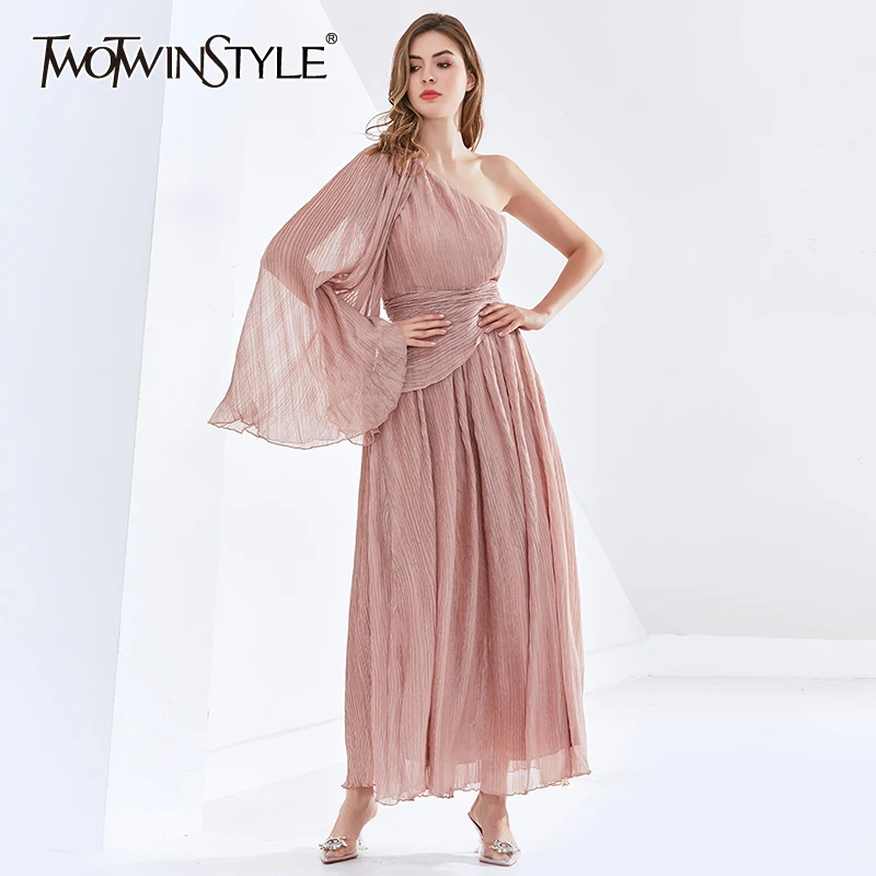 

TWOTWINSTYLE Asymmetrical Ruched Dress For Women Irregular Collar Long Sleeve High Waist Maxi Dresses Female Fashion New Style