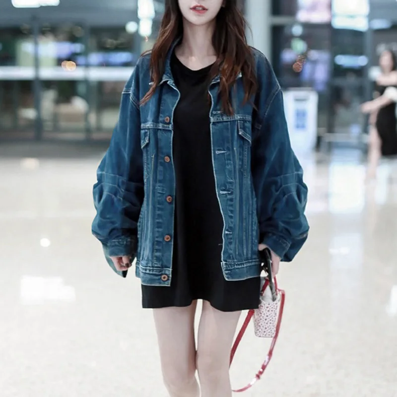 Женская джинсовая куртка оверсайз длинное пальто с расклешенными рукавами и