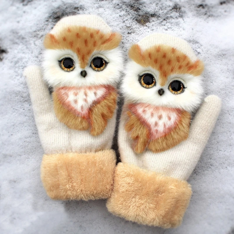 

Women Men Winter Knit Gloves Cute 3D Fluffy Cartoon Animal Decor Thickened Plush Lining Windproof Thermal Warm Mittens