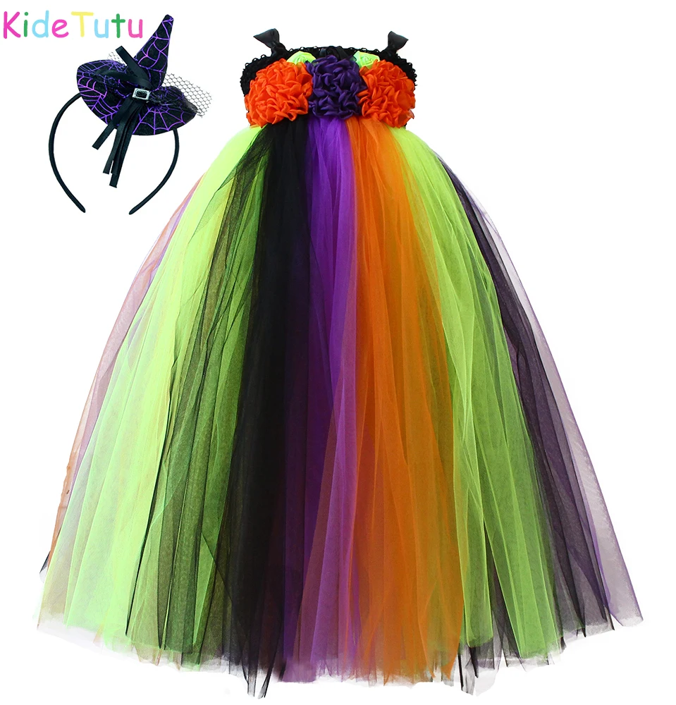 Хэллоуин ребенок ведьма косплей костюм черный фиолетовый оранжевый длиной до