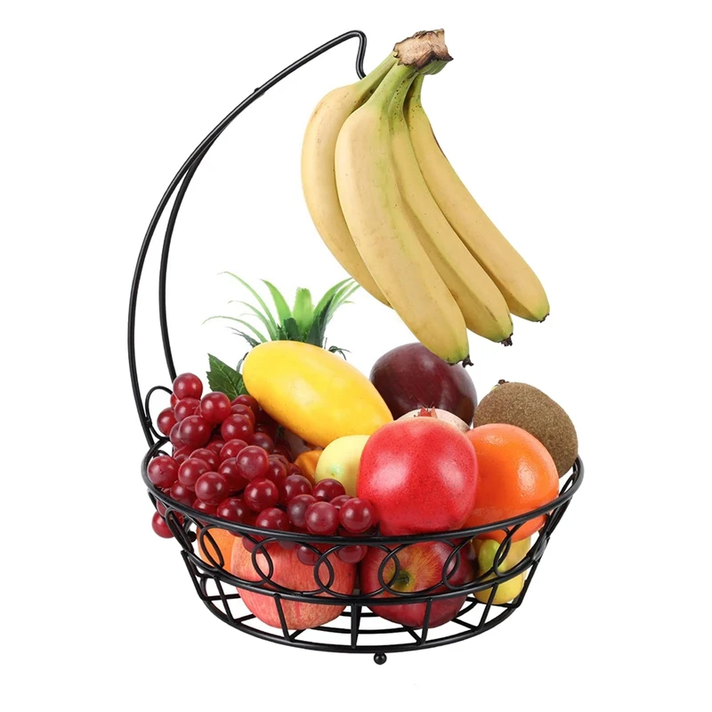 

Fruit Basket with Banana Hook Metal Fruit Bowl Display Rack, Black Stylish and Modern Scroll Design Fruit Basket Stand