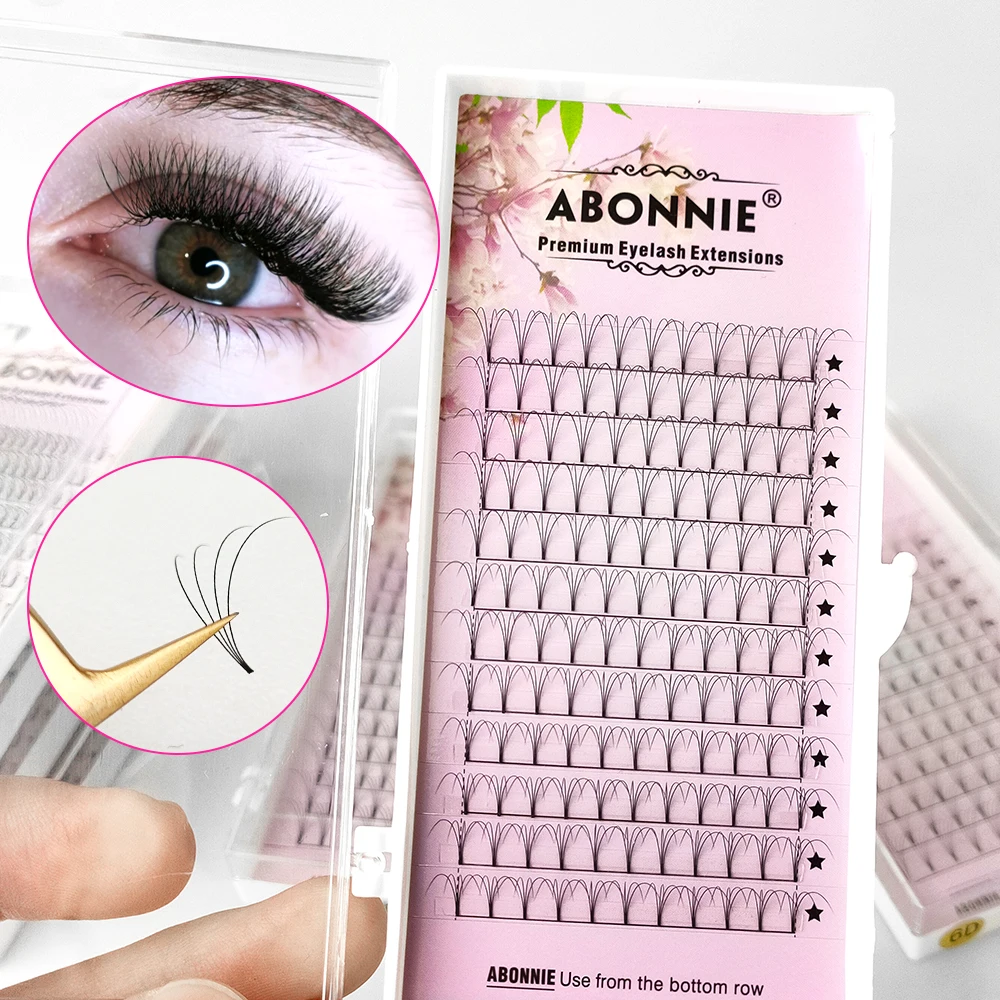 Abonnie Short Stem Premade Fans Russian Volume Fan Premium Fluffy Eyelash Extensions Supplies D Curl Lashes Tray