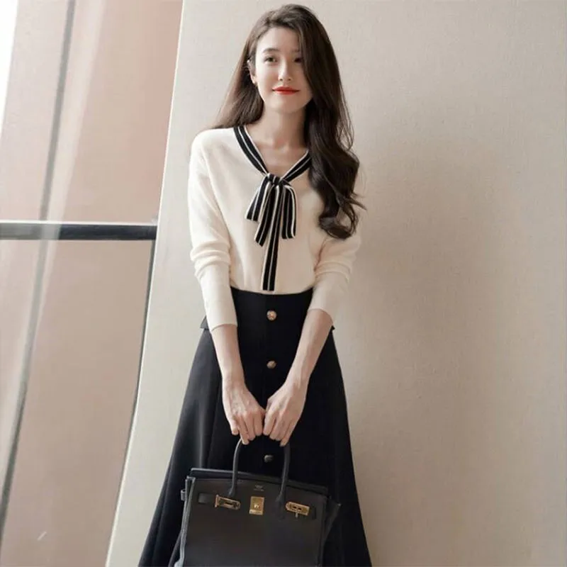 

Женский трикотажный комплект из двух предметов, Свободный пуловер с длинным рукавом и бантом, джемпер и трапециевидная Юбка До Колена, Осень-зима