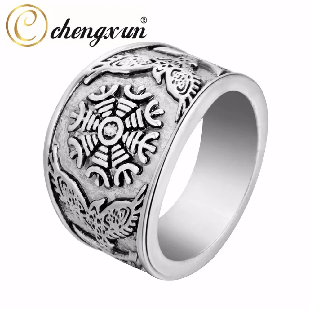 03 CHENGXUN Viking, Круглый, Большая ширина, печатка, кольцо на палец, для мужчин, черный, серебряный, модный, Валькнут,, Винтажные Ювелирные изделия 15 мм - Цвет основного камня: 03