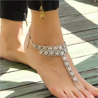 vintage antique silver color geometric flower chain toe ring anklets summer beach barefoot sandals foot jewelry for women anklet