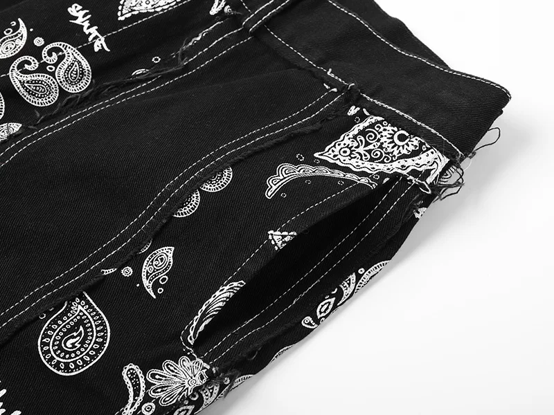 

Men Vintage Pattern Print Straight Jeans Trousers Male Ragged Design Streetwear Hip Hop Denim Pants
