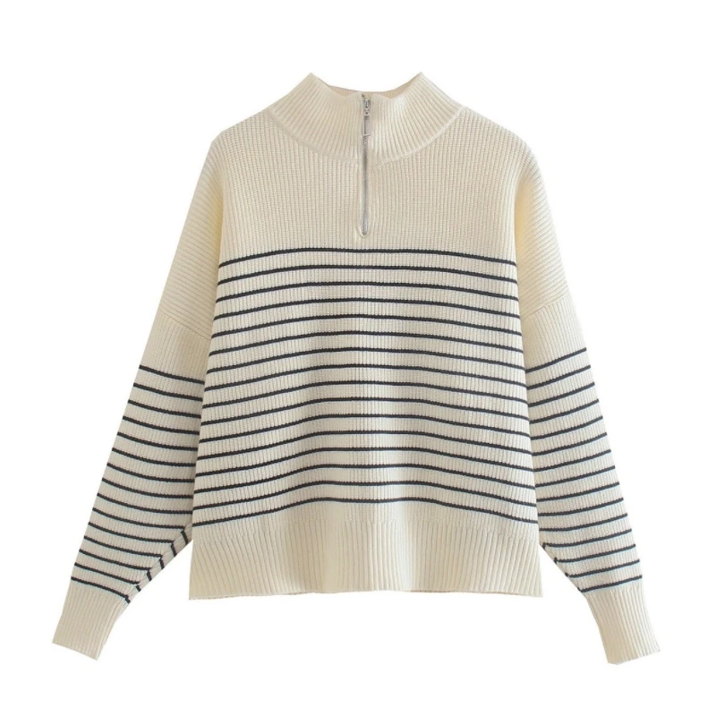 

Женский полосатый вязаный свитер-поло с длинным рукавом