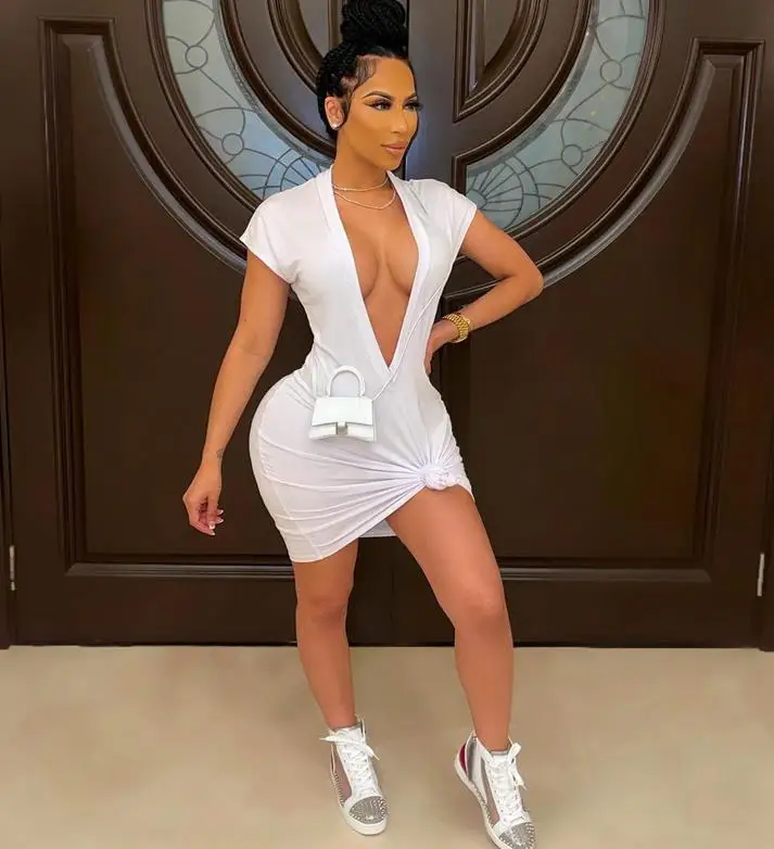 

2021 Y2K Vintage Women Sexy Twist Dress Solid Color Deep V-neck Short Sleeve Bare-chested Dresses Dating Party
