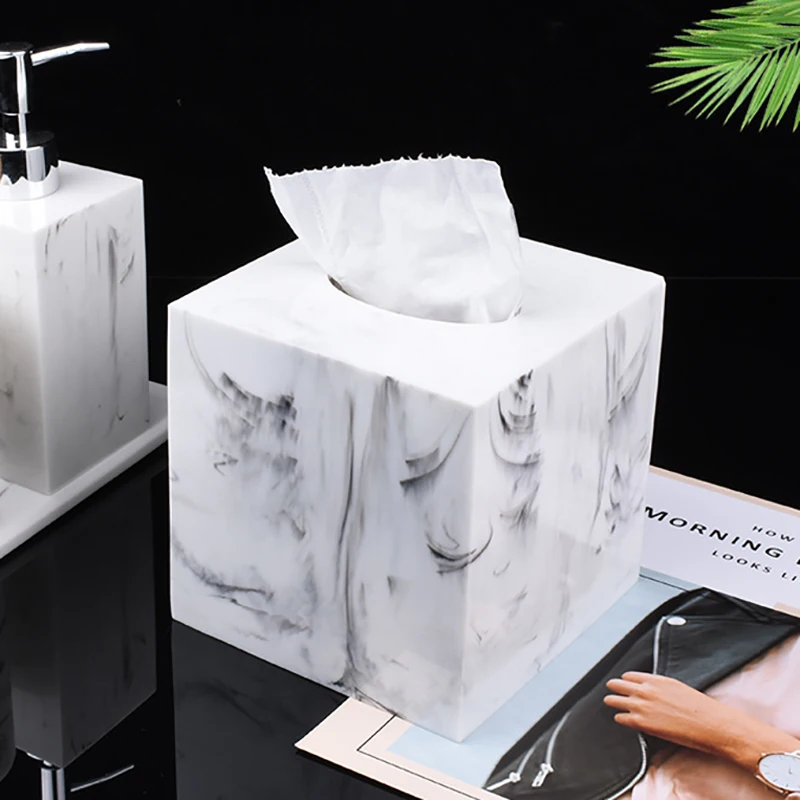

AFBC Square Tissue Box Cover, Facial Napkin Holder for Bathroom Living Room Office, Marble-Imitation Made of Resin (White)