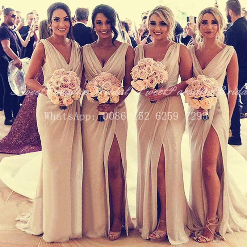 

Champagne Chiffon Mermaid Bridesmaid Dresses With Split Sexy Women Plunging Neck Long Wedding Party Dress Vestidos