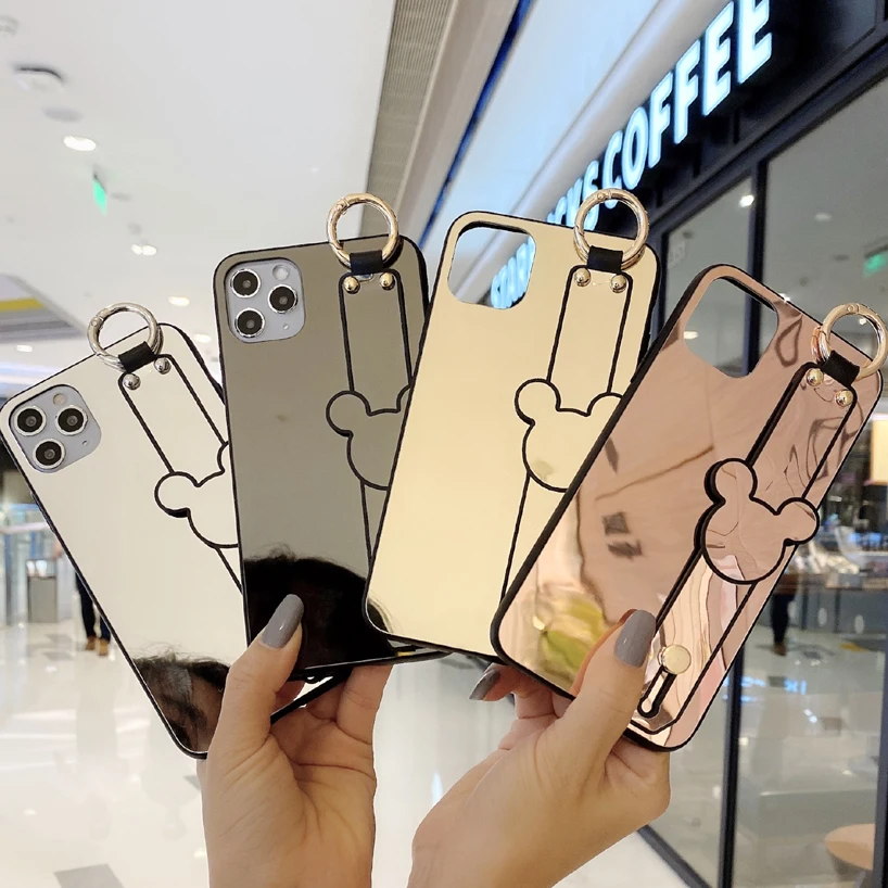 

10pcs Signalshin Cartoon Mirror Phone Case For iPhone 12 Mini 11 Pro XS MAX XR 7 8 6 Plus Stand Holder Wrist Strap Cover Capa